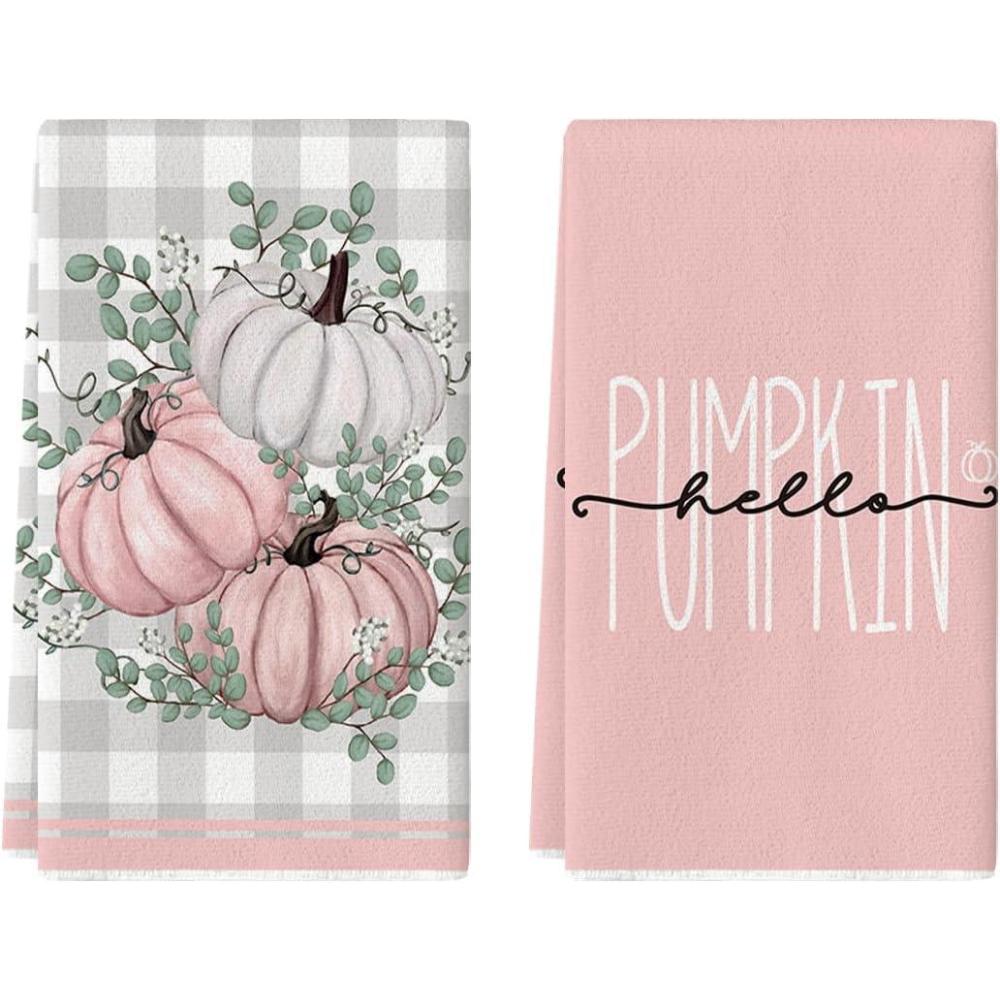 imageArtoid Mode Pink Eucalyptus Leaves Hello Pumpkin Fall Kitchen Towels Dish Towels 18x26 Inch Autumn Harvest Decoration Hand Towels Set of 2Pink