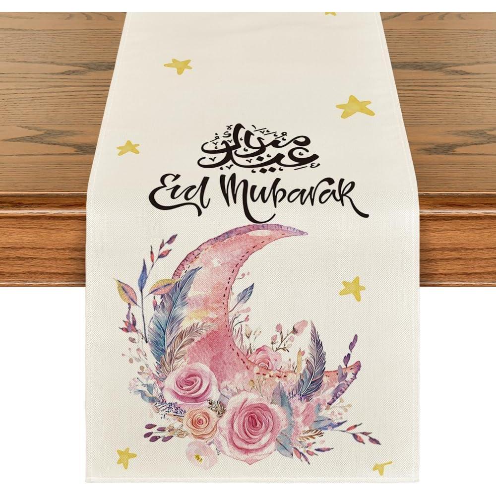 imageArtoid Mode Pink Moon Flowers Stars Ramadan Eid Table Runner Seasonal Summer Holiday Kitchen Dining Table Runners for Home Party Decor 13 x 72 InchPink