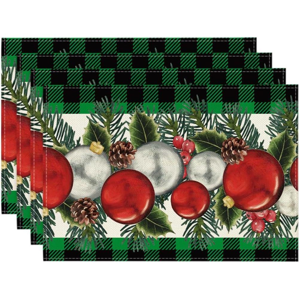 imageArtoid Mode Red Black Buffalo Plaid Holly Pine Cones Christmas Balls Placemats Set of 4 12x18 Inch Seasonal Winter Table Mats for Party Kitchen Dining DecorationGreenBlack