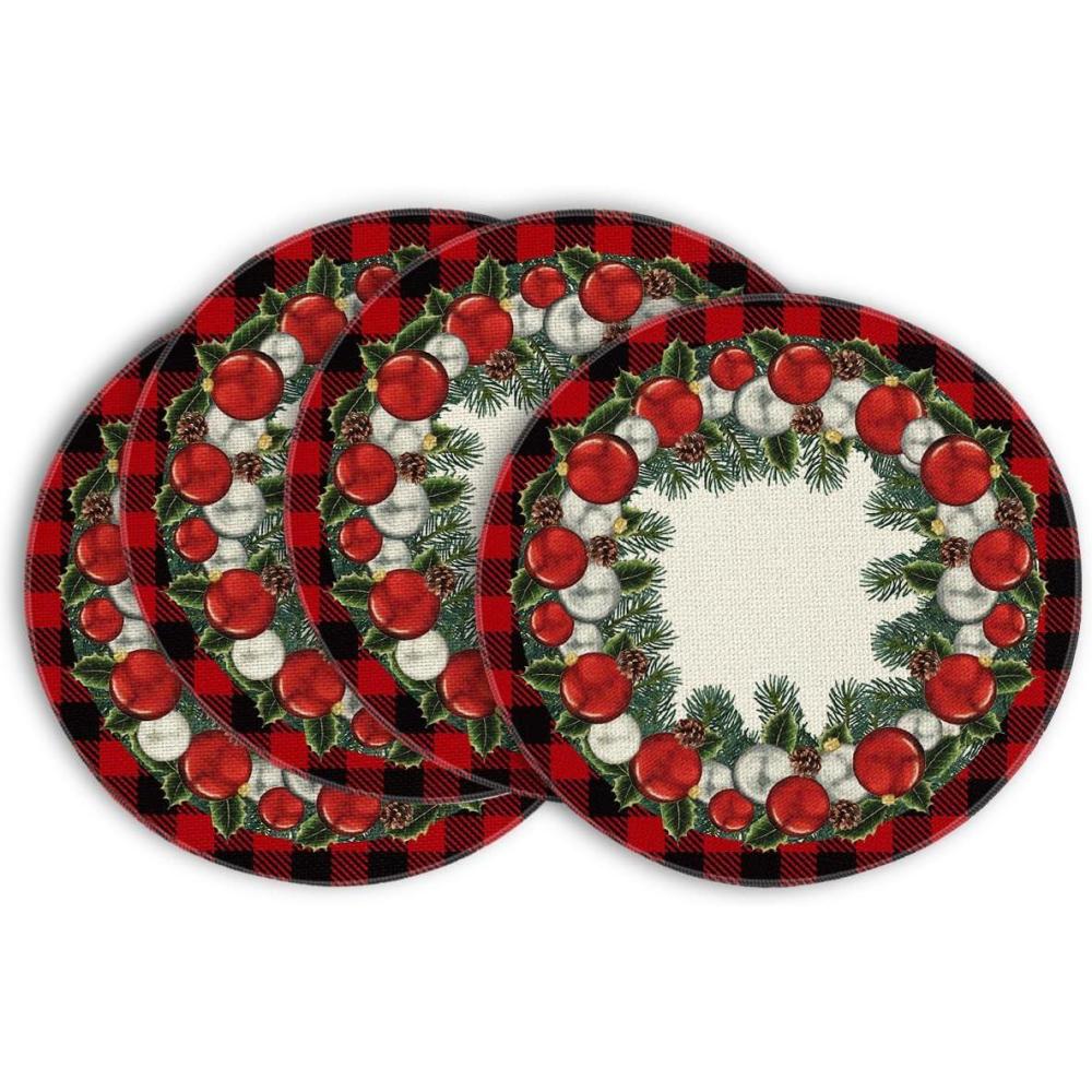 imageArtoid Mode Red Black Buffalo Plaid Holly Pine Cones Christmas Balls Placemats Set of 4 12x18 Inch Seasonal Winter Table Mats for Party Kitchen Dining DecorationRed