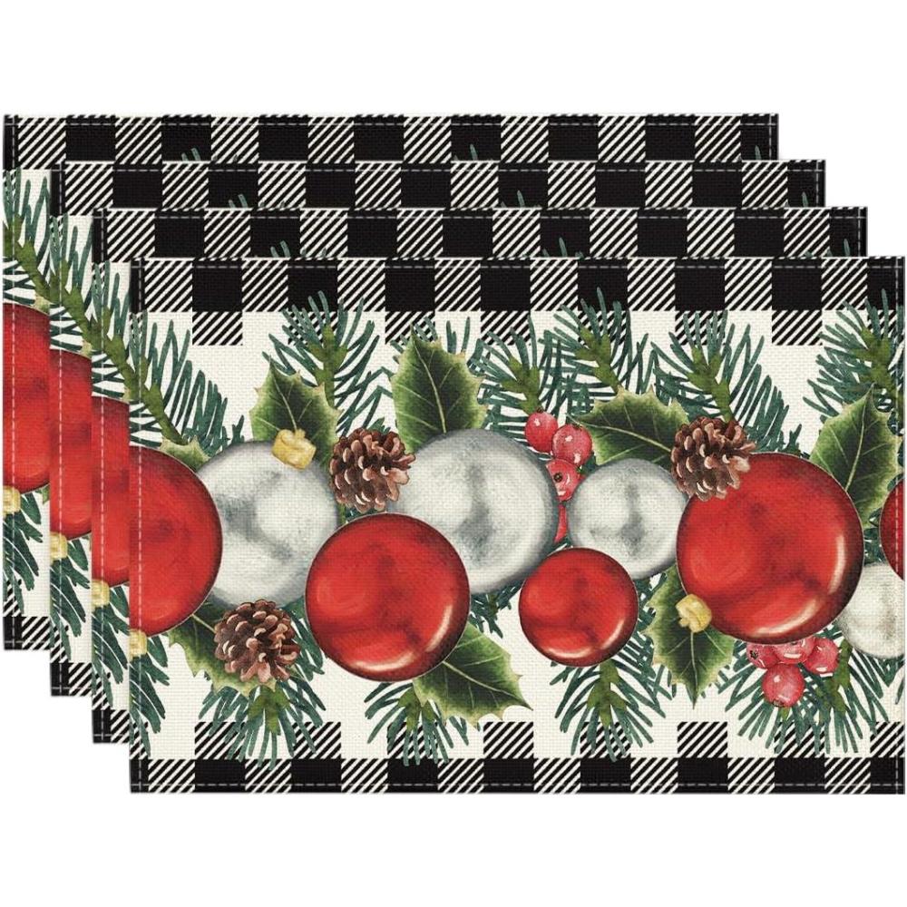 imageArtoid Mode Red Black Buffalo Plaid Holly Pine Cones Christmas Balls Placemats Set of 4 12x18 Inch Seasonal Winter Table Mats for Party Kitchen Dining DecorationWhiteBlack