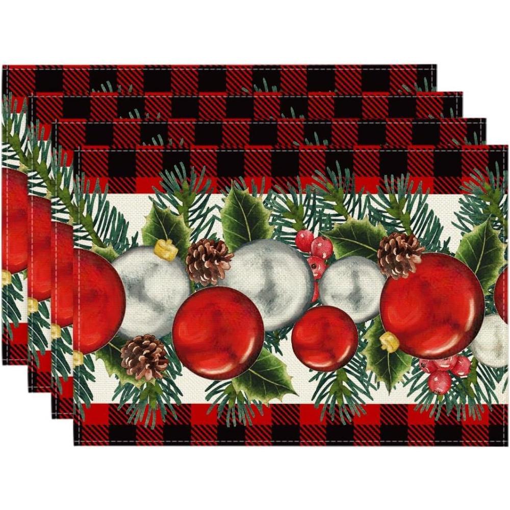 imageArtoid Mode Red Black Buffalo Plaid Holly Pine Cones Christmas Balls Placemats Set of 4 12x18 Inch Seasonal Winter Table Mats for Party Kitchen Dining DecorationRedBlack