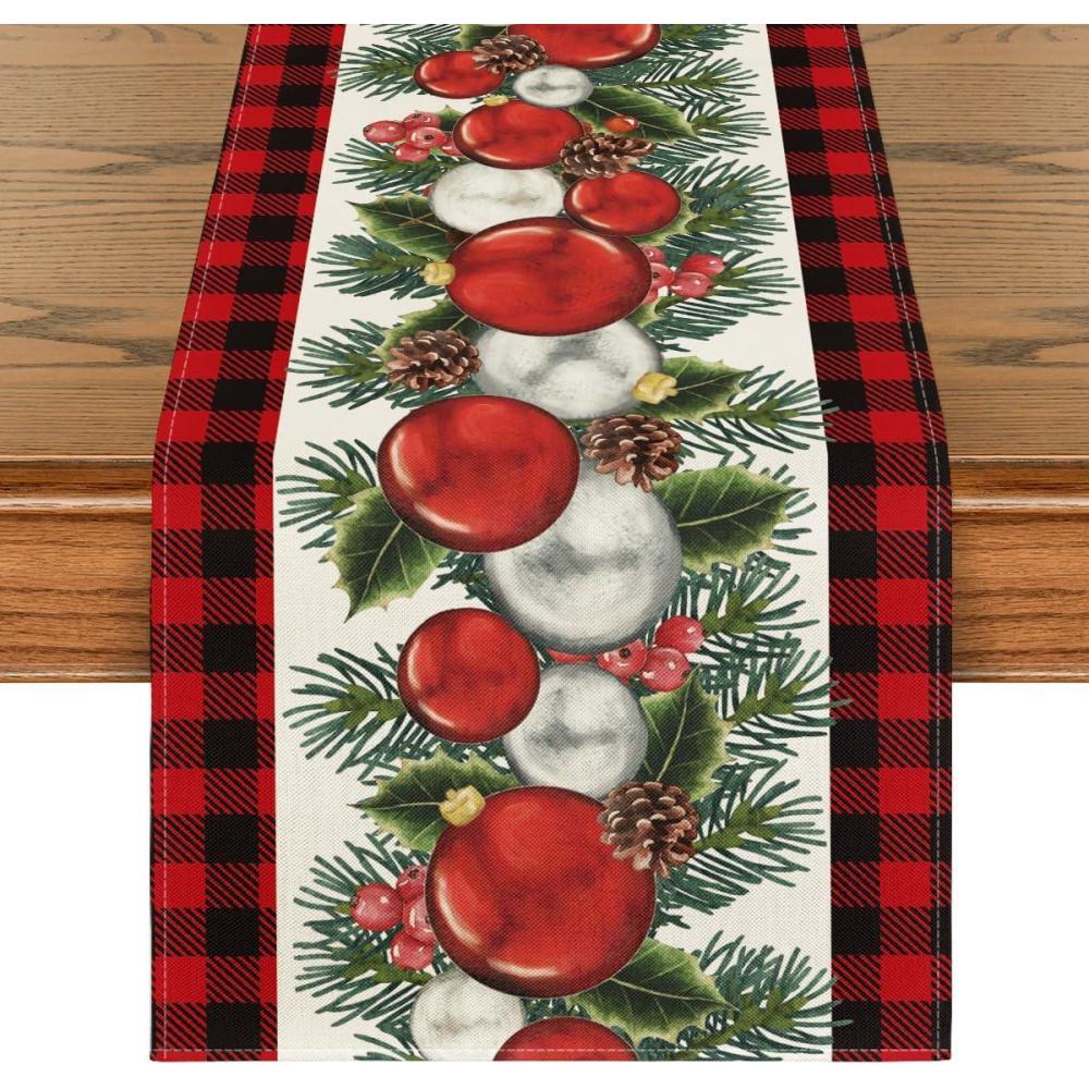 imageArtoid Mode Red Black Buffalo Plaid Xmas Balls Holly Christmas Table Runner Winter Kitchen Dining Table Decoration for Outdoor Home Party 13x72 InchRed  Black