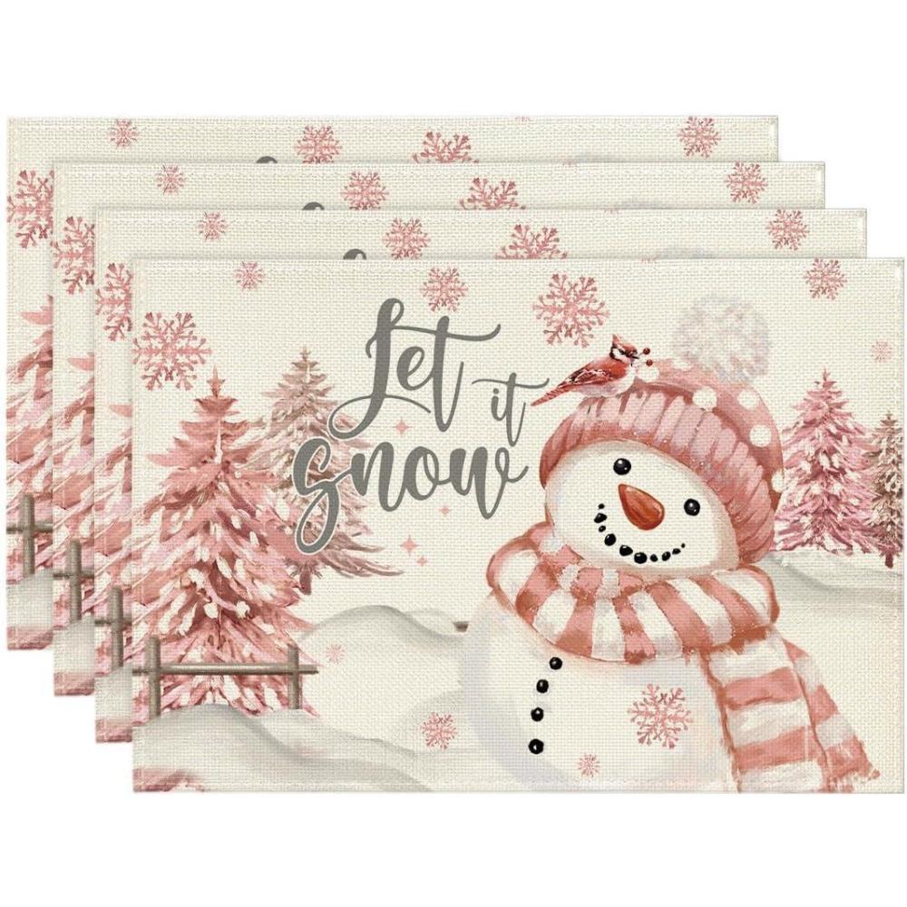 imageArtoid Mode Red Snowman Let It Snow Xmas Tree Merry Christmas Round Placemats Set of 4 14 Inch Winter Round Table Mats for Dining DecorationPink