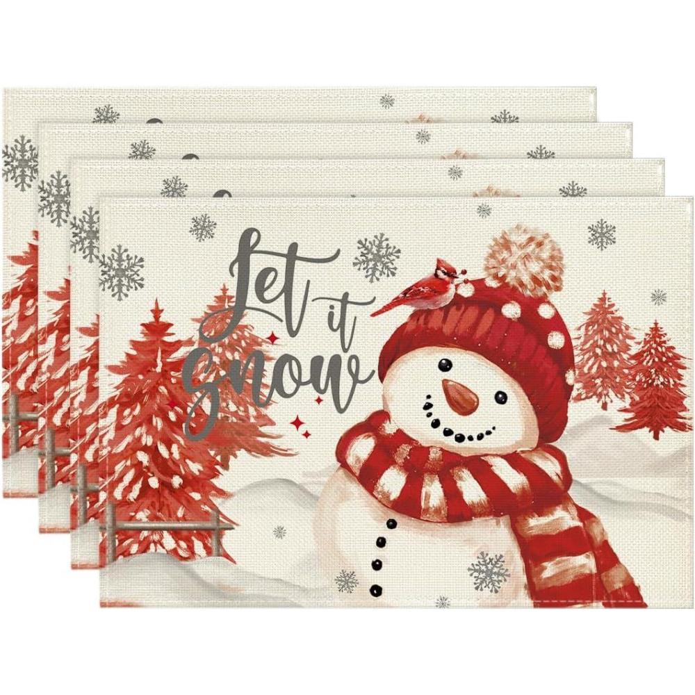 imageArtoid Mode Red Snowman Let It Snow Xmas Tree Merry Christmas Round Placemats Set of 4 14 Inch Winter Round Table Mats for Dining DecorationRed
