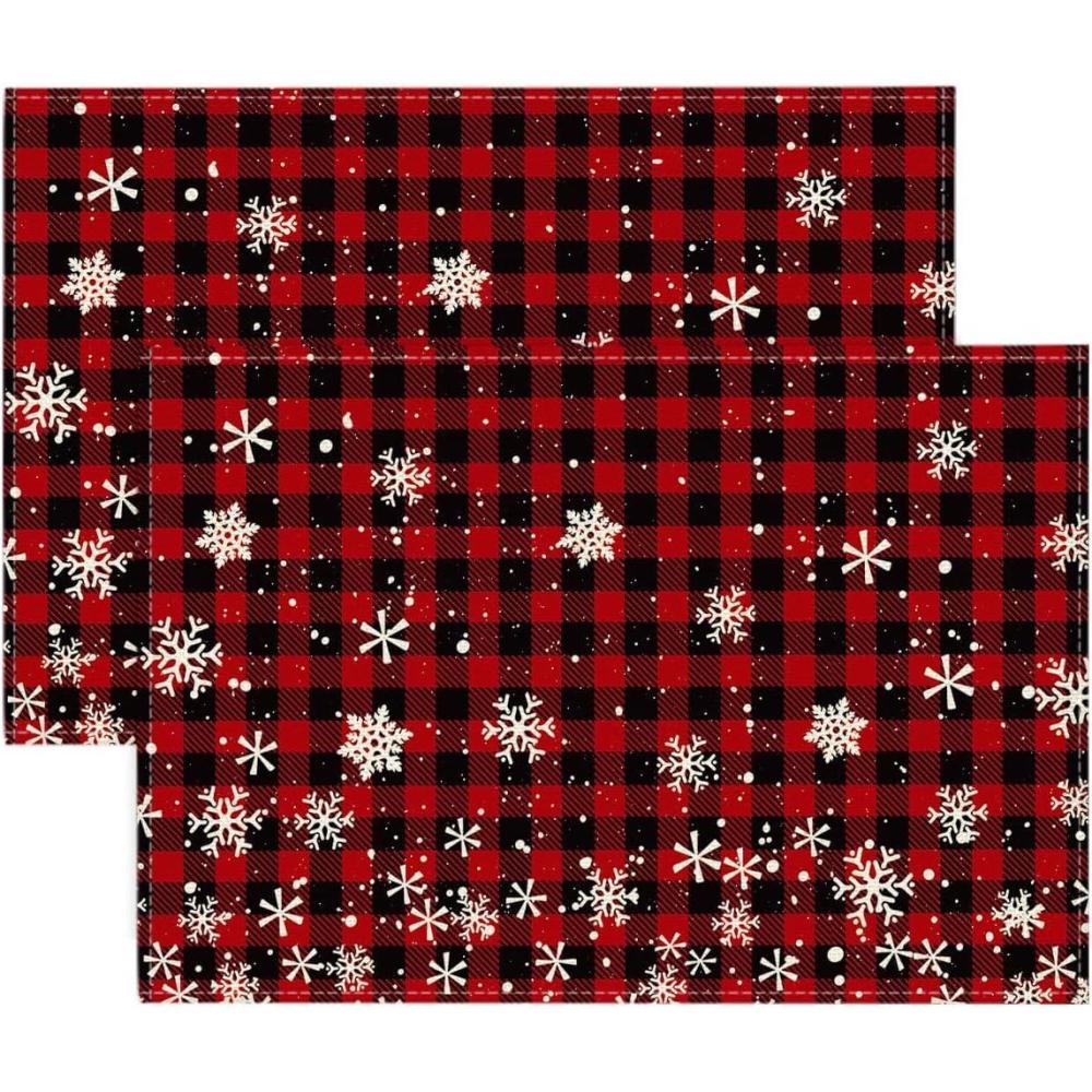 imageArtoid Mode Red and Black Buffalo Plaid Christmas Placemats for Dining Table 12 x 18 Inch Seasonal Winter Xmas Snowflakes Holiday Rustic Vintage Thanksgiving Washable Table Mats Set of 4RedBlack