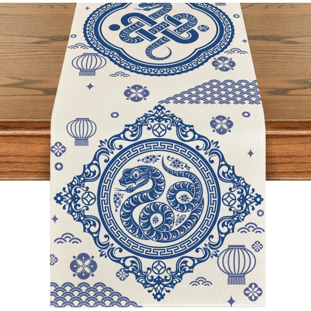 imageArtoid Mode Red and Golden Chinese Zodiac Snake Happy 2025 Lunar New Year Table Runner Spring Festival Winter Kitchen Dining Table Decoration for Home Party 13x72 InchWhiteBlue