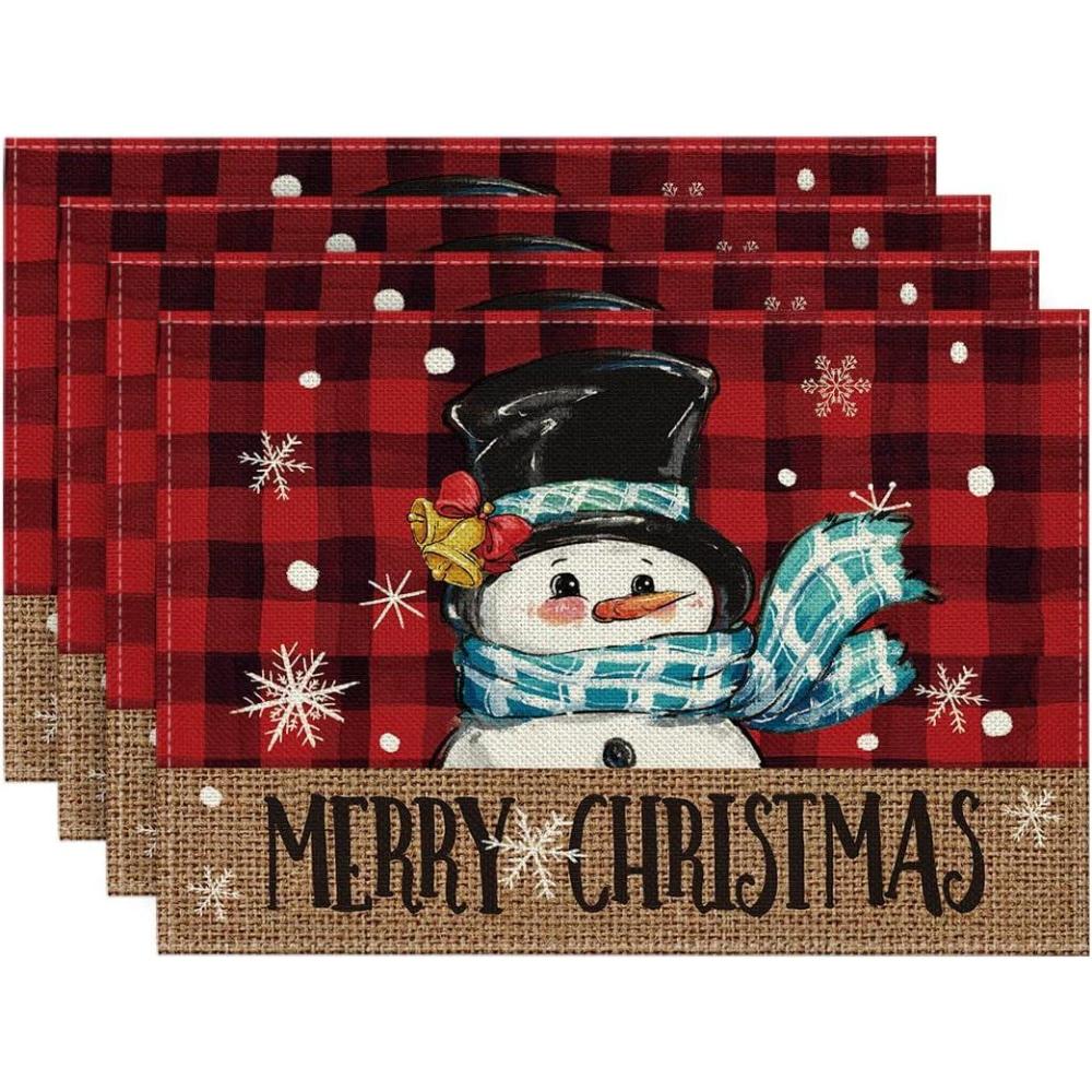 imageArtoid Mode Snowman Red and Black Buffalo Plaid Christmas Placemats Set of 4 12x18 Inch Seasonal Winter Xmas Holiday Table Mats for Party Kitchen Dining DecorationRedBlack