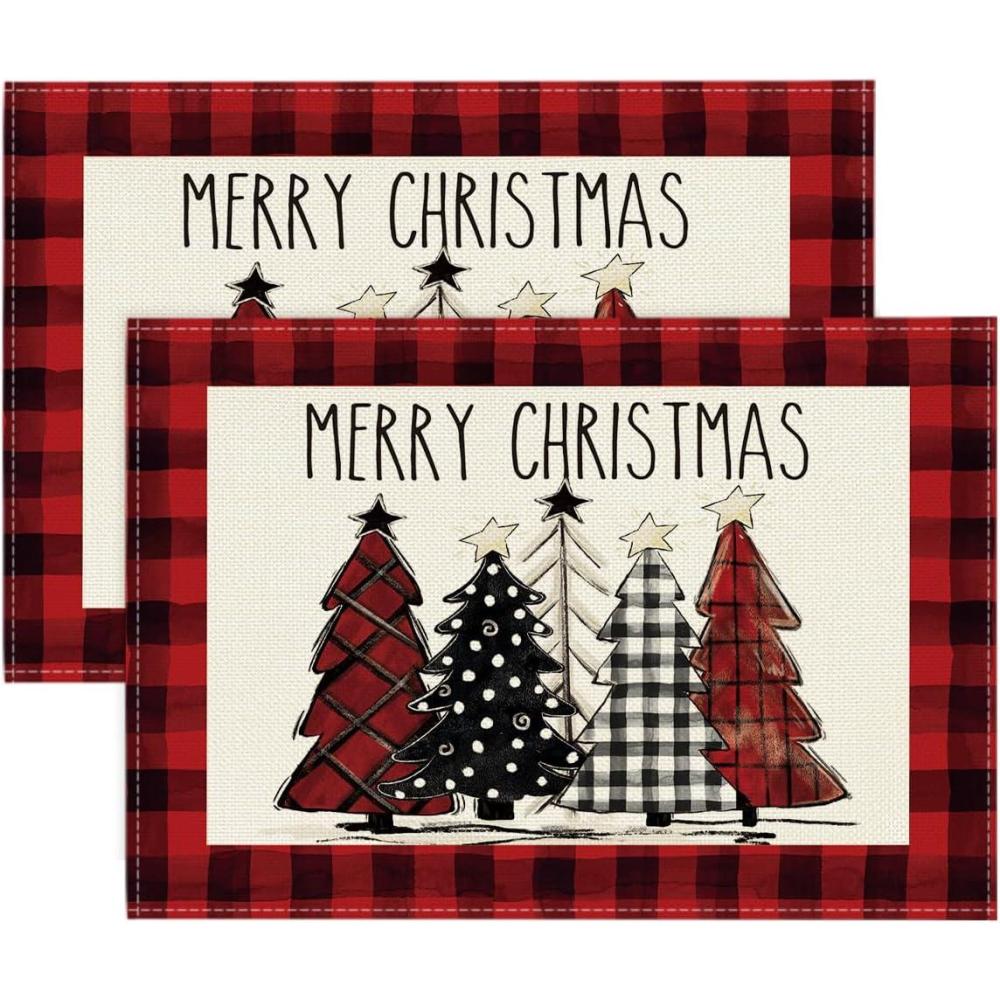 imageArtoid Mode Waterclor Buffalo Plaid Christmas Trees Placemats Set of 4 12x18 Inch Winter Table Mats for Outdoor Home Party Kitchen Dining DecorBlackRed
