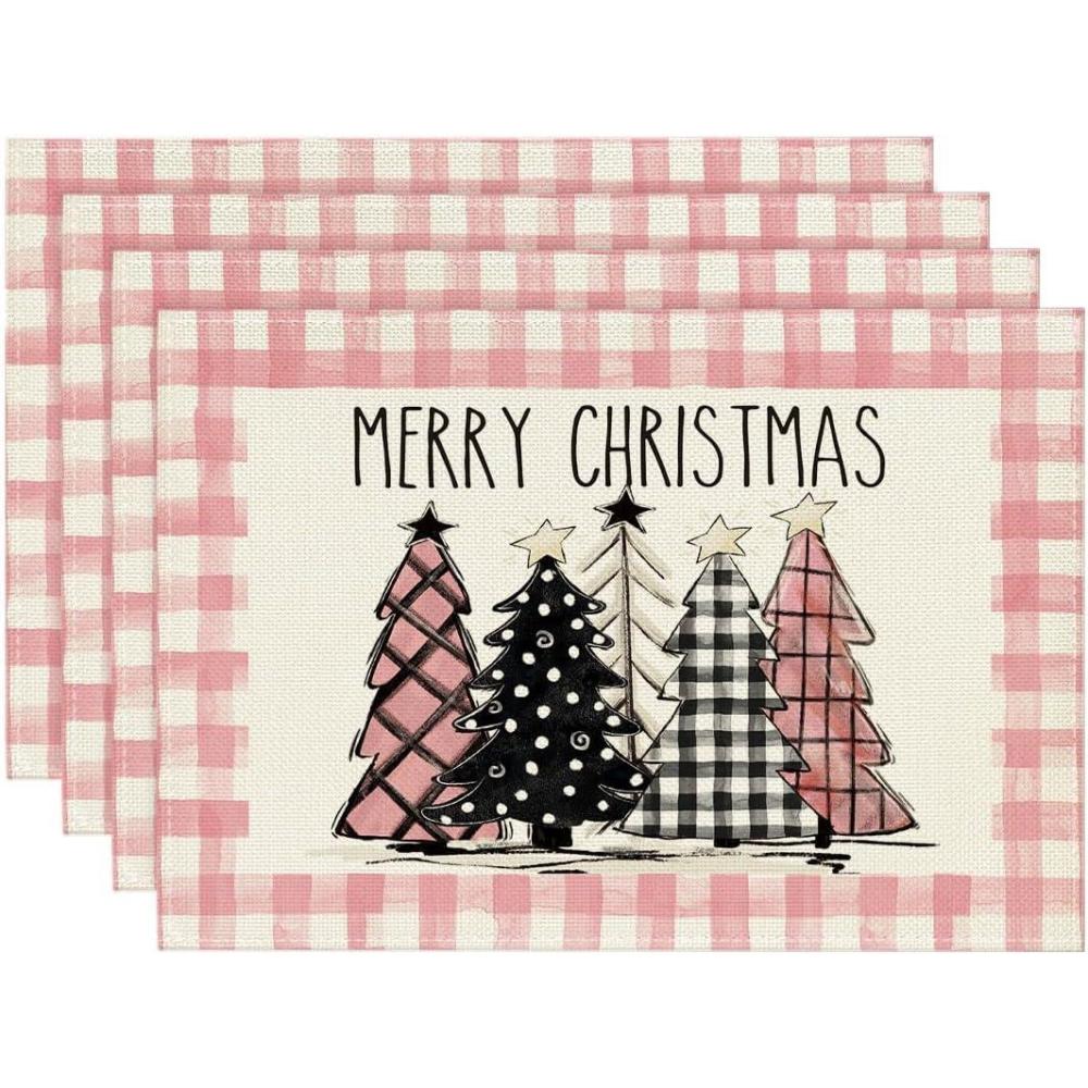 imageArtoid Mode Waterclor Buffalo Plaid Christmas Trees Placemats Set of 4 12x18 Inch Winter Table Mats for Outdoor Home Party Kitchen Dining DecorPinkWhite