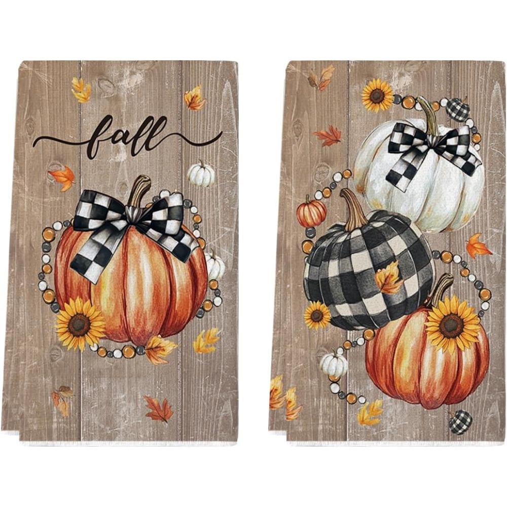 imageArtoid Mode Wood Bead Pumpkin Fall Kitchen Towels Dish Towels 18x26 Inch Farmhouse Sunflower Decoration Hand Towels Set of 2Wood