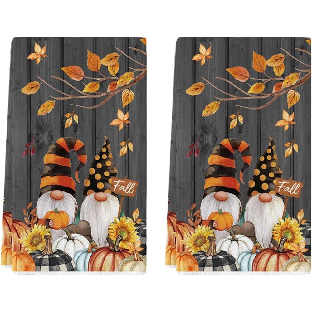 imageArtoid Mode Wood Pumpkin Gnome Fall Kitchen Towels Dish Towels 18x26 Inch Farmhouse Maple Leaves Sunflower Decoration Hand Towels Set of 2Black