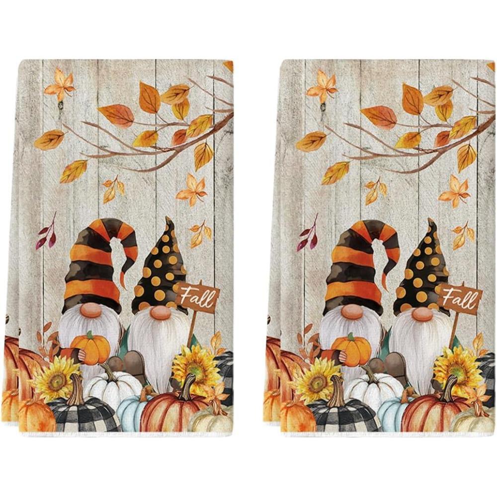 imageArtoid Mode Wood Pumpkin Gnome Fall Kitchen Towels Dish Towels 18x26 Inch Farmhouse Maple Leaves Sunflower Decoration Hand Towels Set of 2Wood