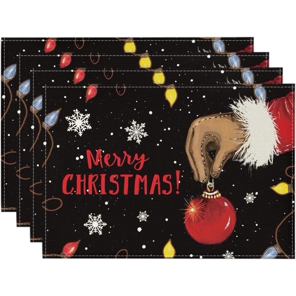 imageArtoid Mode Xmas Ball Merry Christmas Placemats Set of 4 12x18 Inch Seasonal Winter Holiday Black Table Mats for Party Kitchen Dining DecorationBlack
