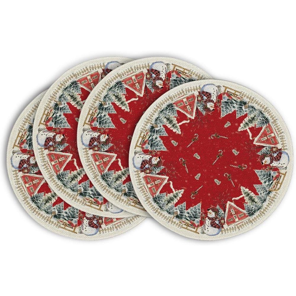 imageArtoid Mode Xmas Pine Snowflake Snowman Christmas Round Placemats Set of 4 14 Inch Winter Round Table Mats for Dining DecorationRed