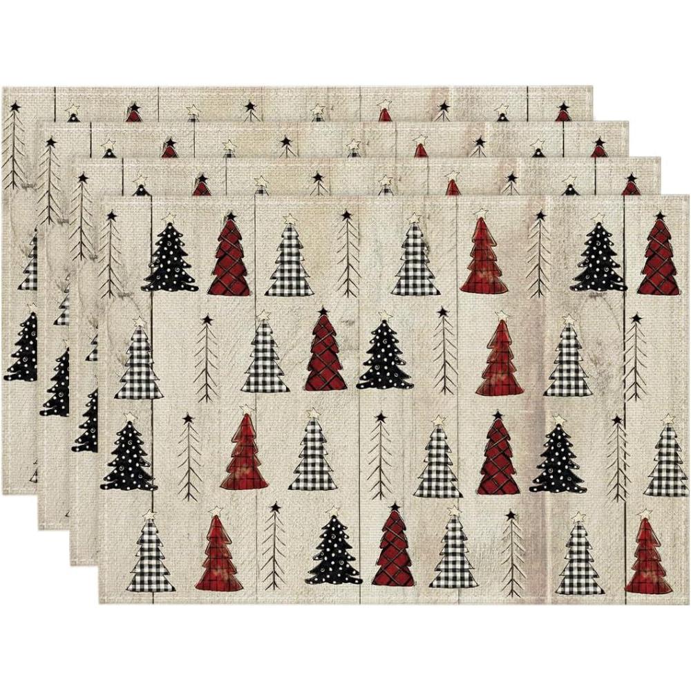 imageArtoid Mode Xmas Trees Merry Christmas Round Placemats Set of 4 14 Inch Winter Round Table Mats for Dining DecorationWoodRed