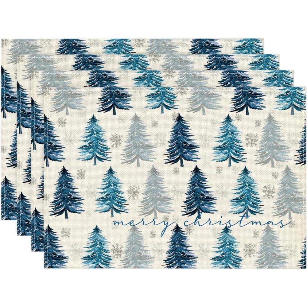 imageArtoid Mode Xmas Trees Snowflake Merry Christmas Round Placemats Set of 4 14 Inch Winter Round Table Mats for Dining DecorationBlue
