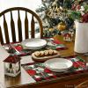 Artoid Mode Red Black Buffalo Plaid Holly Pine Cones Christmas Balls Placemats Set of 4, 12×18 Inch Seasonal Winter Table Mats for Party Kitchen Dining Decoration(Red/Black)