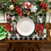 Artoid Mode Red Black Buffalo Plaid Holly Pine Cones Christmas Balls Placemats Set of 4, 12×18 Inch Seasonal Winter Table Mats for Party Kitchen Dining Decoration(White/Black)