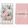 Artoid Mode Pink Eucalyptus Leaves Hello Pumpkin Fall Kitchen Towels Dish Towels, 18×26 Inch Autumn Harvest Decoration Hand Towels Set of 2(Pink)