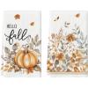 Artoid Mode Pumpkin Hello Fall Kitchen Towels Dish Towels, 18×26 Inch Autumn Floral Leaves Thanksgiving Decoration Hand Towels Set of 2