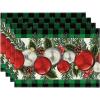 Artoid Mode Red Black Buffalo Plaid Holly Pine Cones Christmas Balls Placemats Set of 4, 12×18 Inch Seasonal Winter Table Mats for Party Kitchen Dining Decoration(Green/Black)