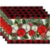 Artoid Mode Red Black Buffalo Plaid Holly Pine Cones Christmas Balls Placemats Set of 4, 12×18 Inch Seasonal Winter Table Mats for Party Kitchen Dining Decoration(Red/Black)
