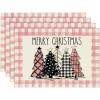 Artoid Mode Waterclor Buffalo Plaid Christmas Trees Placemats Set of 4, 12×18 Inch Winter Table Mats for Outdoor Home Party Kitchen Dining Decor(Pink/White)