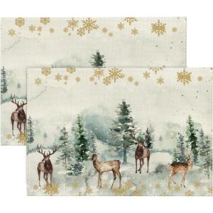 Artoid Mode Watercolor Deer Trees Snowflakes Christmas Placemats for Dining Table, 12 x 18 Inch Seasonal Winter Xmas Holiday Rustic Vintage Thanksgiving Washable Table Mats Set of 4(Green)
