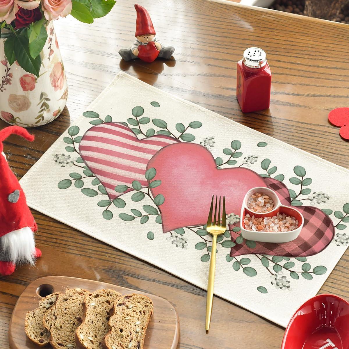 imageArtoid Mode Valentine Placemats Set of 4 12x18 Inch Hearts Love Eucalyptus Wood Anniversary Wedding Table Mats for Party Kitchen Dining DecorationPinkBeige