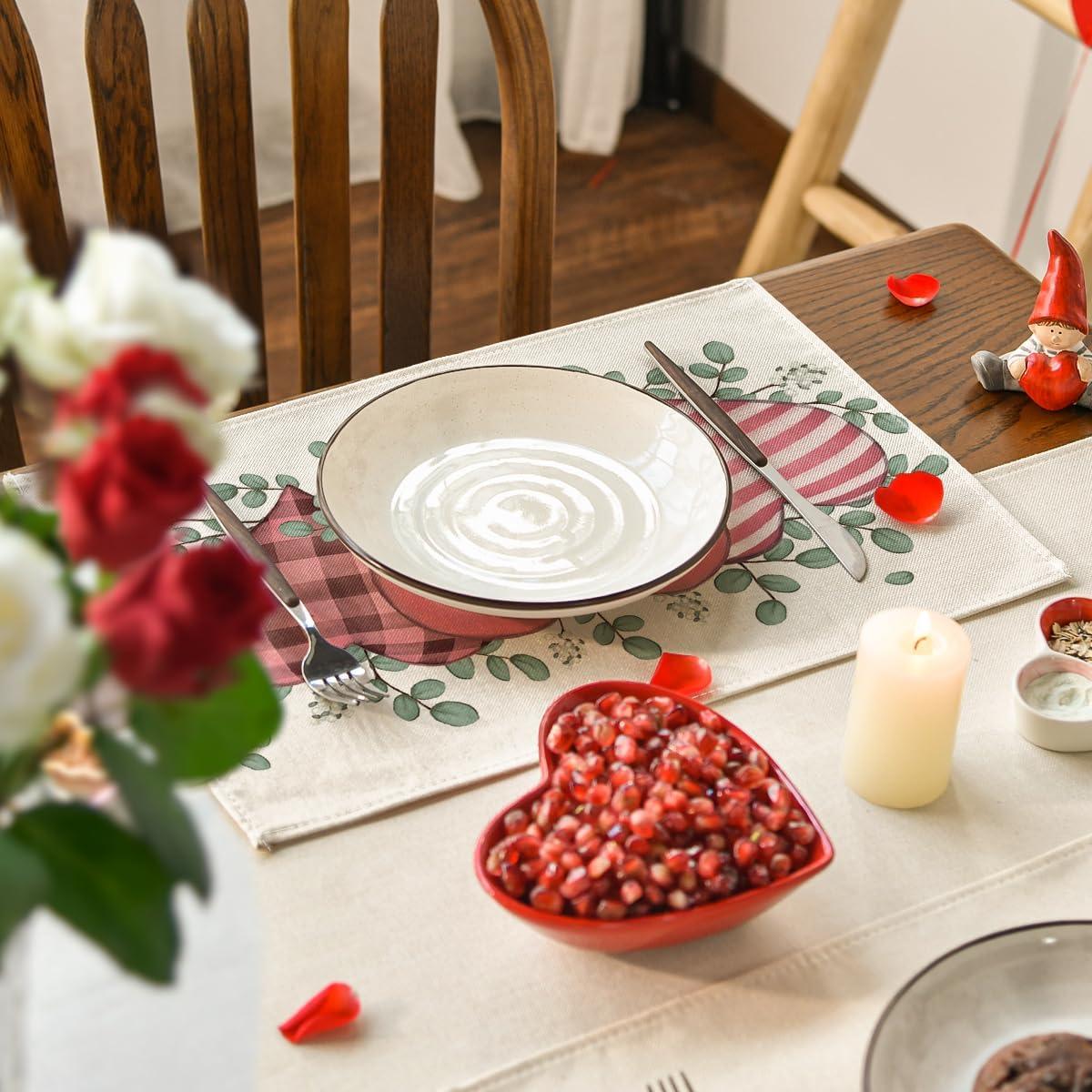 imageArtoid Mode Valentine Placemats Set of 4 12x18 Inch Hearts Love Eucalyptus Wood Anniversary Wedding Table Mats for Party Kitchen Dining DecorationPinkBeige