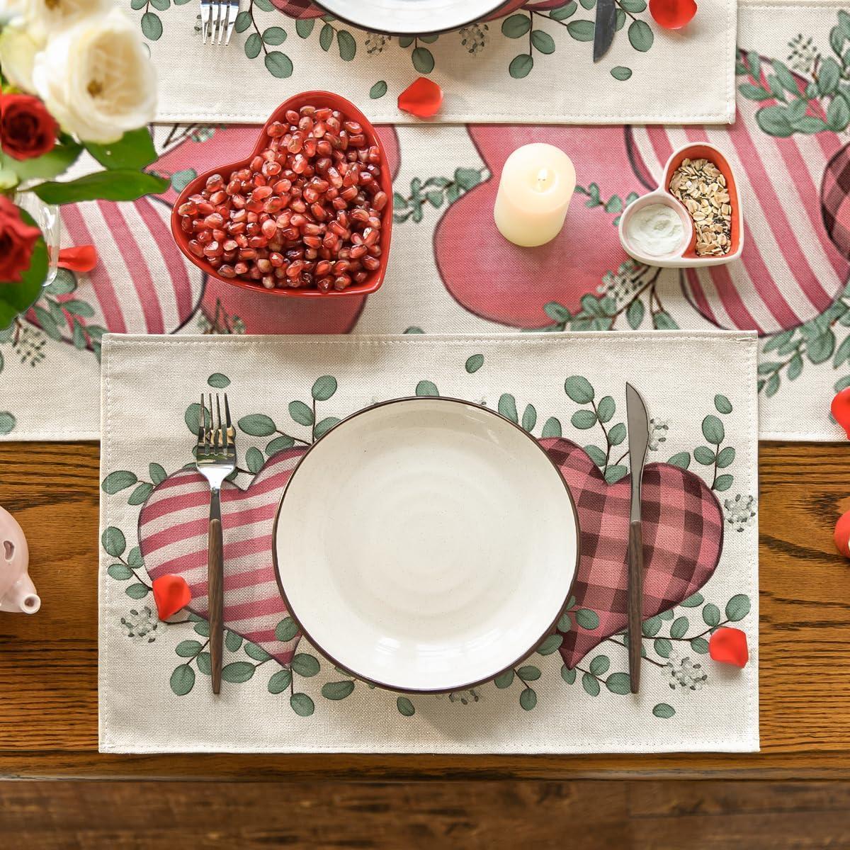 imageArtoid Mode Valentine Placemats Set of 4 12x18 Inch Hearts Love Eucalyptus Wood Anniversary Wedding Table Mats for Party Kitchen Dining DecorationPinkBeige