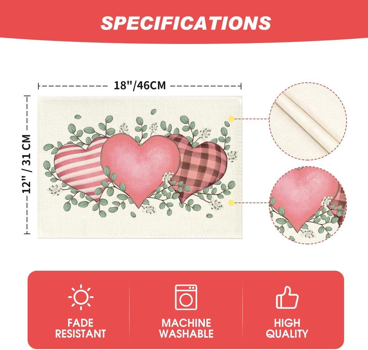 imageArtoid Mode Valentine Placemats Set of 4 12x18 Inch Hearts Love Eucalyptus Wood Anniversary Wedding Table Mats for Party Kitchen Dining DecorationPinkBeige
