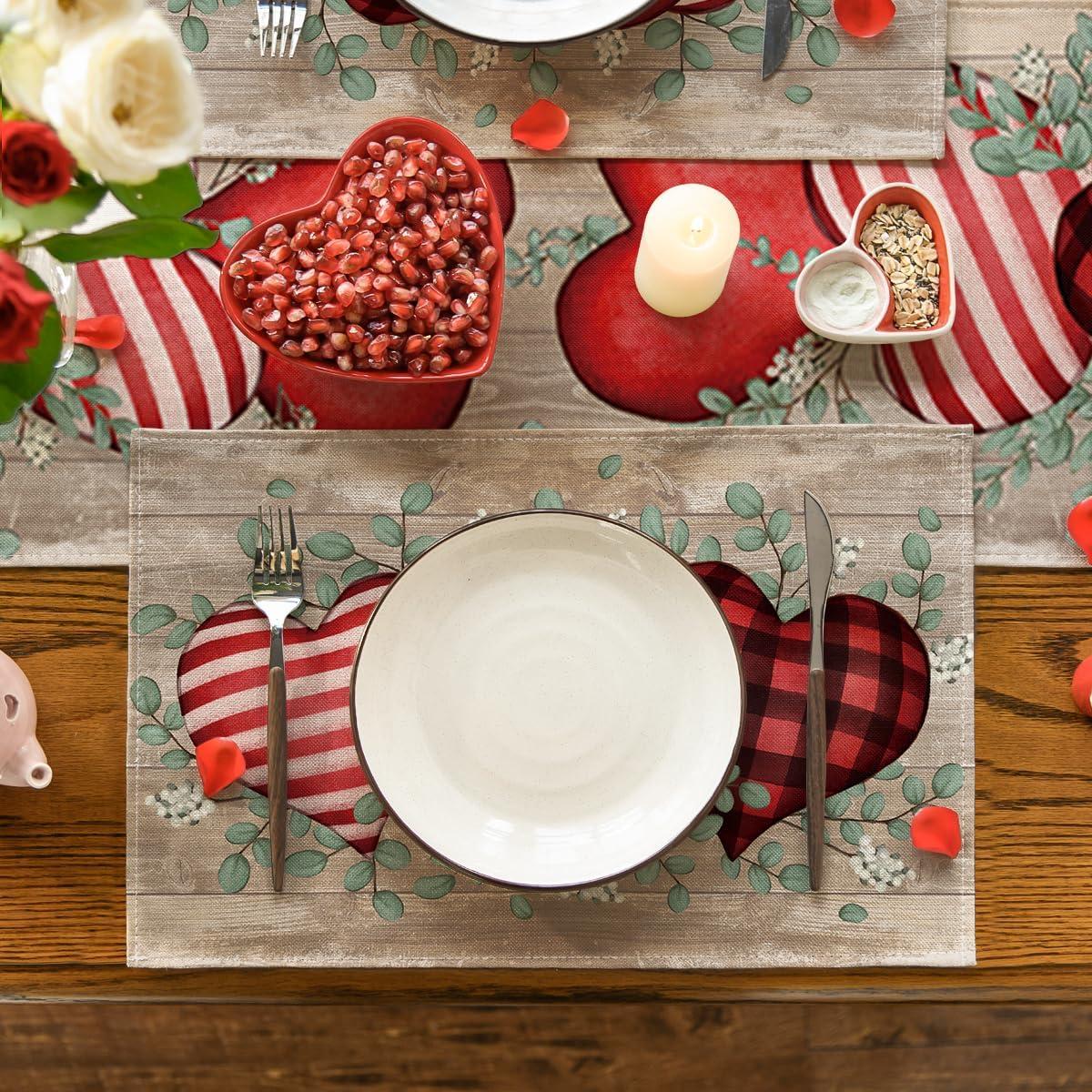 imageArtoid Mode Valentine Placemats Set of 4 12x18 Inch Hearts Love Eucalyptus Wood Anniversary Wedding Table Mats for Party Kitchen Dining DecorationRedWood