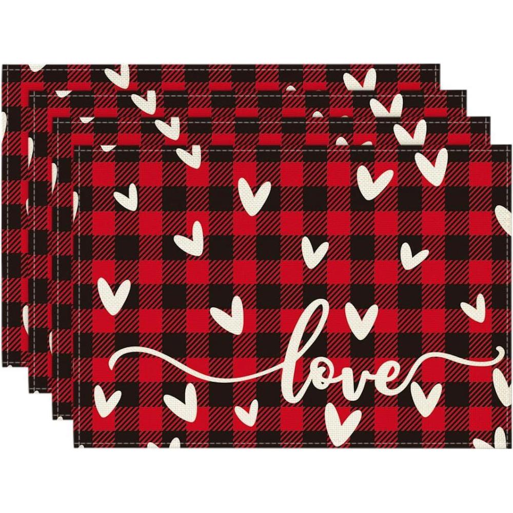 imageArtoid Mode Black Red Buffalo Plaid Love Valentine Placemats Set of 4 12x18 Inch Seasonal Anniversary Holiday Table Mats for Party Kitchen Dining DecorationBlackRed
