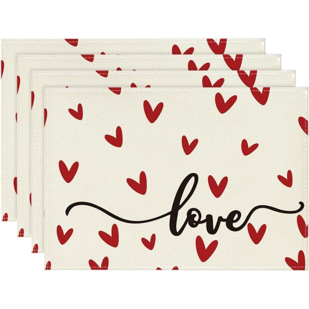 imageArtoid Mode Black Red Buffalo Plaid Love Valentine Placemats Set of 4 12x18 Inch Seasonal Anniversary Holiday Table Mats for Party Kitchen Dining DecorationBeige