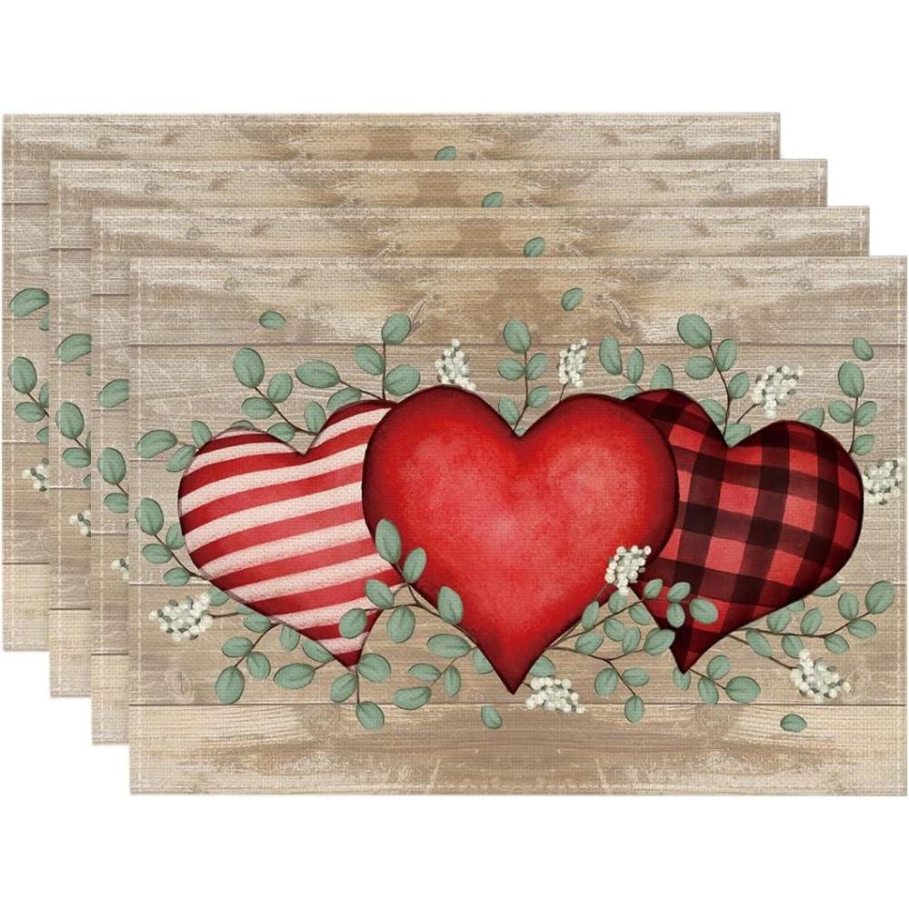 imageArtoid Mode Valentine Placemats Set of 4 12x18 Inch Hearts Love Eucalyptus Wood Anniversary Wedding Table Mats for Party Kitchen Dining DecorationRedWood