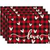 Artoid Mode Black Red Buffalo Plaid Love Valentine Placemats Set of 4, 12×18 Inch Seasonal Anniversary Holiday Table Mats for Party Kitchen Dining Decoration(Black/Red)