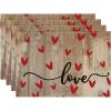 Artoid Mode Black Red Buffalo Plaid Love Valentine Placemats Set of 4, 12×18 Inch Seasonal Anniversary Holiday Table Mats for Party Kitchen Dining Decoration(Wood)