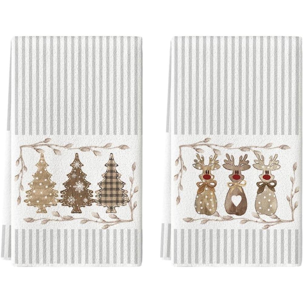 imageArtoid Mode Beige Stripes Deer Xmas Tree Christmas Kitchen Towels Dish Towels 18x26 Inch Farmhouse Holiday Winter Decoration Cleaning Set of 2Beige