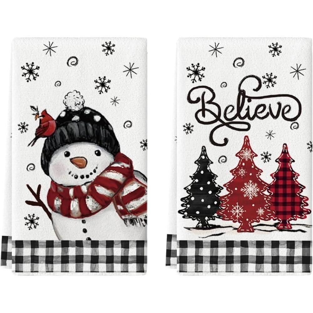 imageArtoid Mode Black Red Xmas Tree Snowman Christmas Kitchen Towels Dish Towels 18x26 Inch Holiday Bird Believe Winter Decoration Hand Towels Set of 2BlackBeige