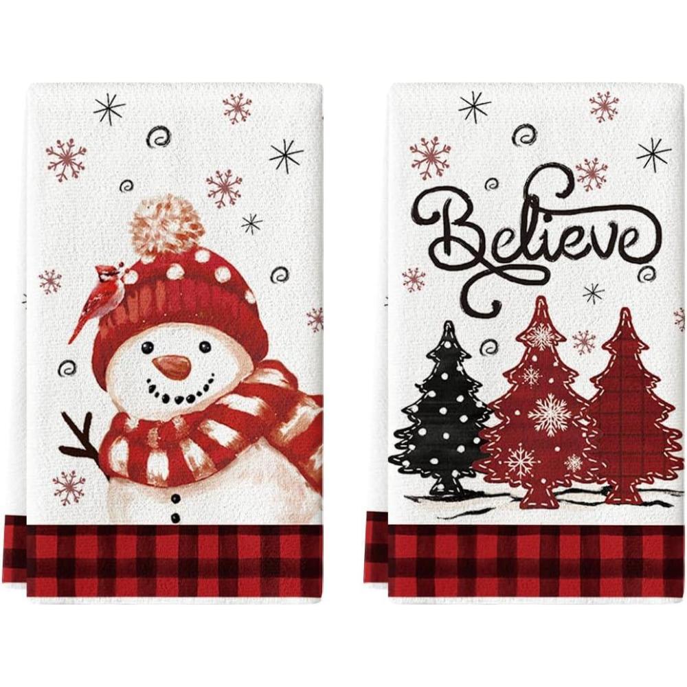 imageArtoid Mode Black Red Xmas Tree Snowman Christmas Kitchen Towels Dish Towels 18x26 Inch Holiday Bird Believe Winter Decoration Hand Towels Set of 2RedBlack