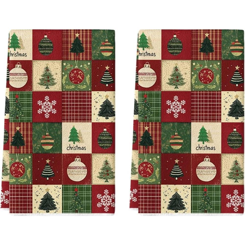 imageArtoid Mode Checkered Xmas Tree Ornaments Christmas Kitchen Towels Dish Towels 18x26 Inch Farmhouse Holiday Snowflake Decoration Cleaning Set of 2