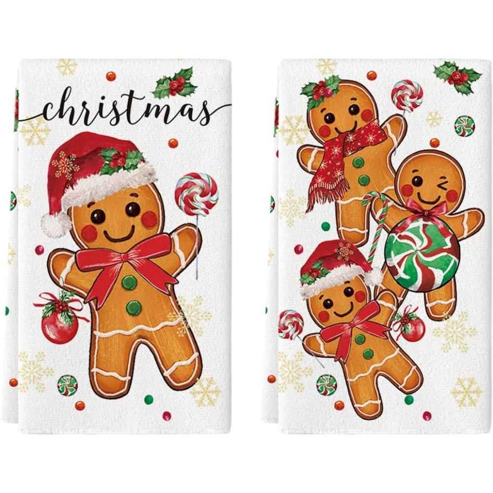 imageArtoid Mode Gingerbread Candy Christmas Kitchen Towels Dish Towels 18x26 Inch Holiday Holly Xmas Ball Winter Decoration Hand Towels Set of 2Beige