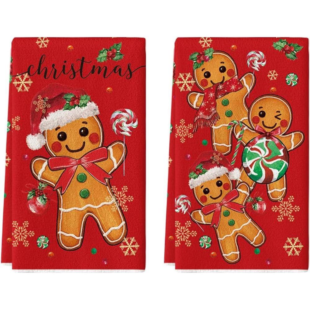 imageArtoid Mode Gingerbread Candy Christmas Kitchen Towels Dish Towels 18x26 Inch Holiday Holly Xmas Ball Winter Decoration Hand Towels Set of 2Red