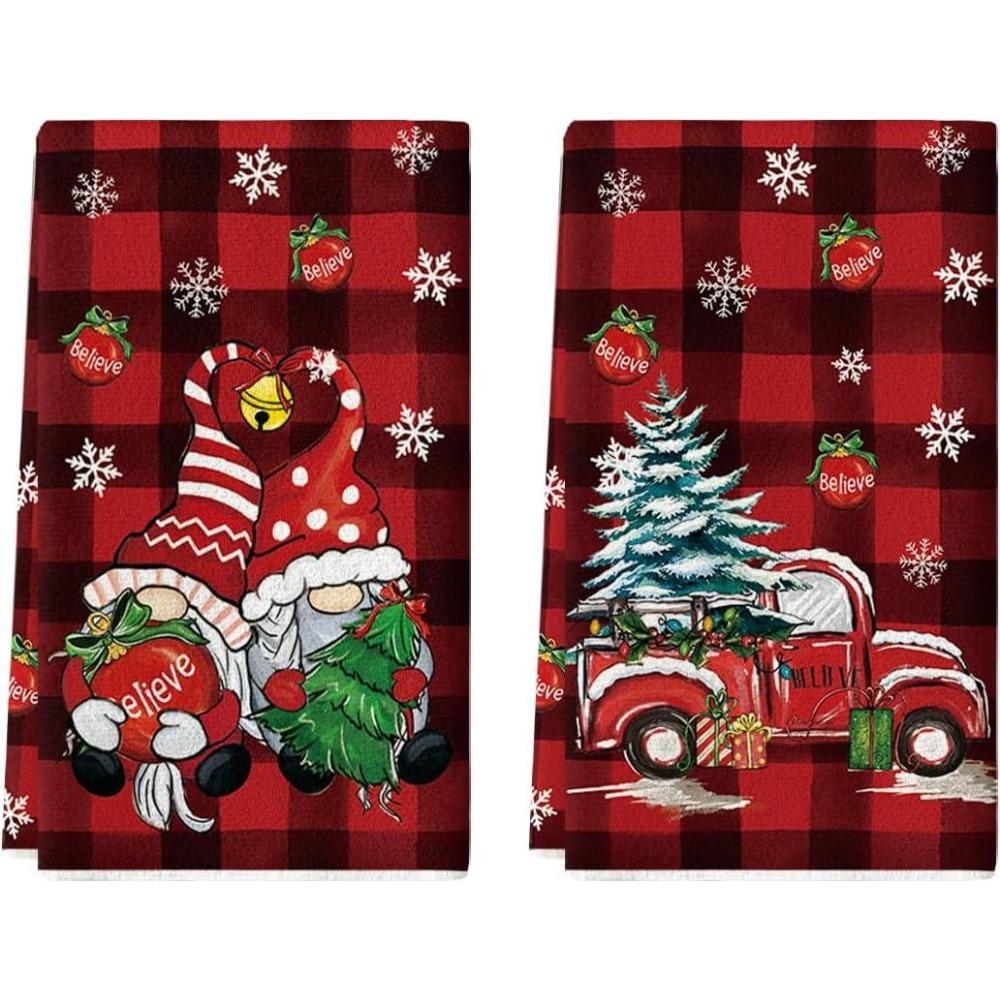 imageArtoid Mode Gnome Truck Christmas Kitchen Towels Dish Towels 18x26 Inch Holiday Believe Xmas Tree Winter Decoration Hand Towels Set of 2RedBlack