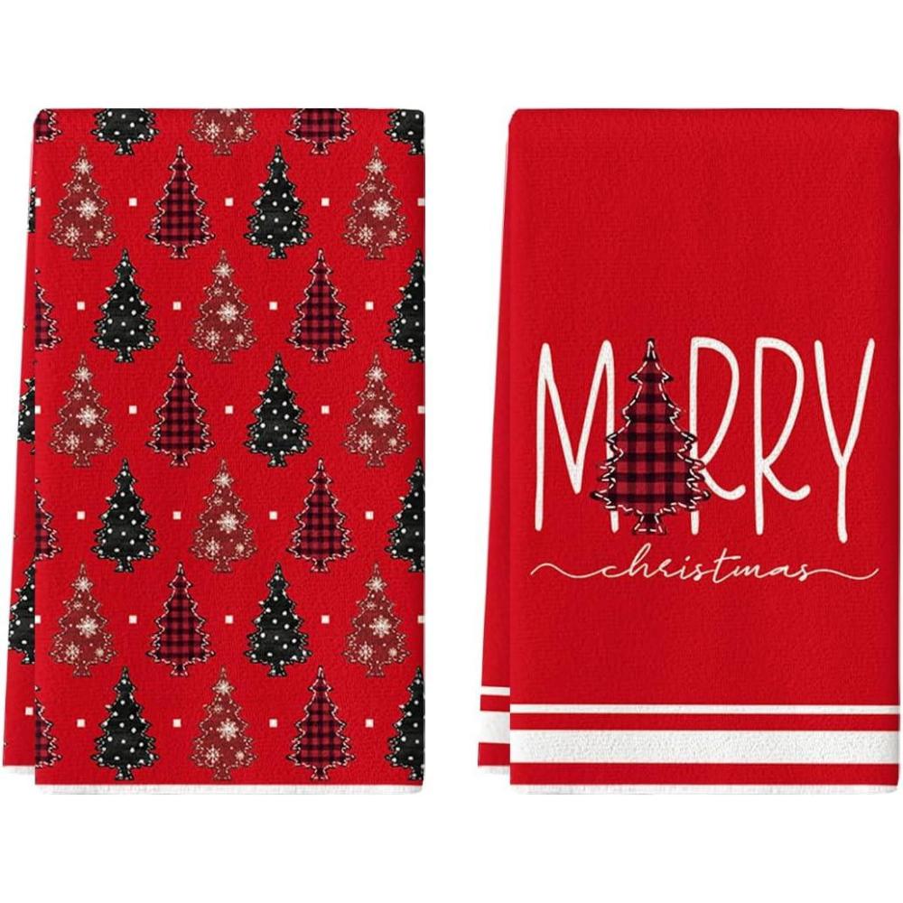 imageArtoid Mode Red Xmas Tree Merry Christmas Kitchen Towels Dish Towels 18x26 Inch Farmhouse Holiday Snowflake Winter Decoration Cleaning Set of 2