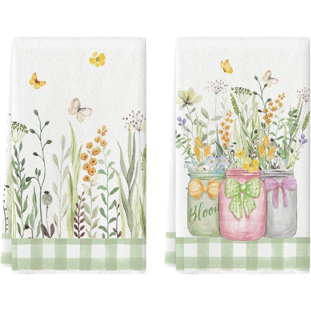 imageArtoid Mode Buffalo Plaid Wildflower Bloom Vase Spring Kitchen Towels Dish Towels 18x26 Inch Farmhouse Summer Floral Decoration Hand Towels Set of 2