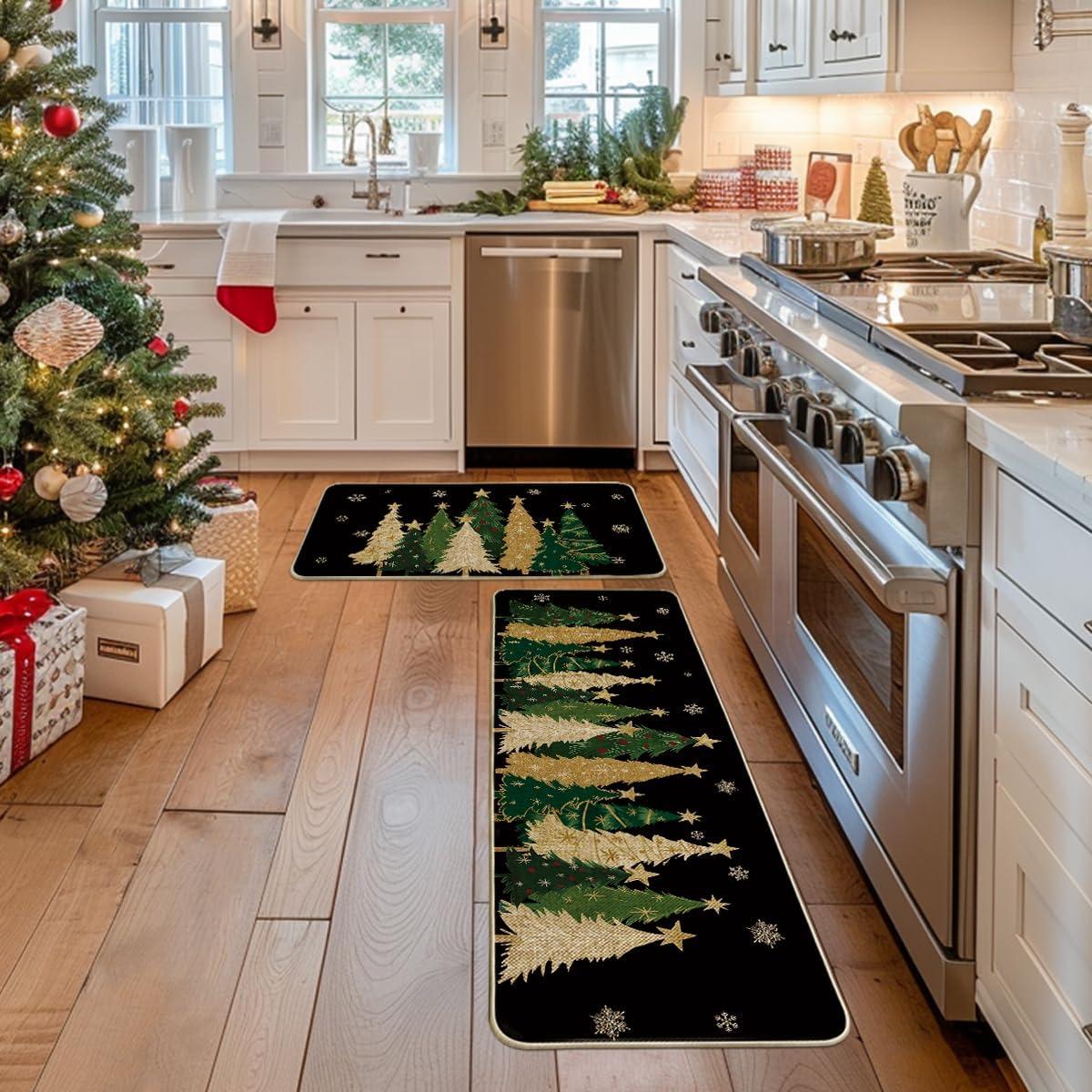 imageArtoid Mode Black Snowflakes Xmas Trees Christmas Kitchen Mats Set of 2 Winter LowProfile Home Decor Kitchen Rugs for Floor  17x29 and 17x47 InchBlack