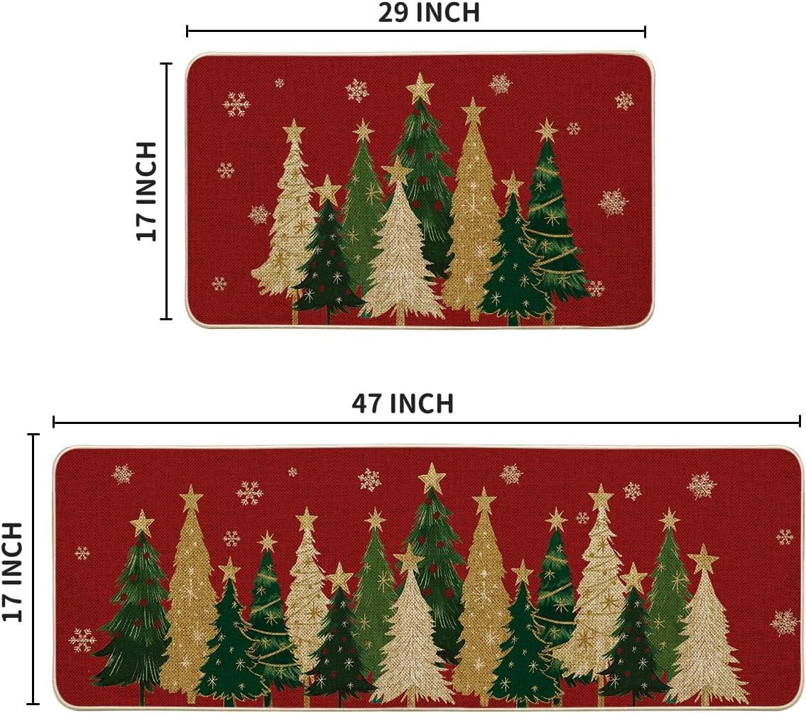 imageArtoid Mode Black Snowflakes Xmas Trees Christmas Kitchen Mats Set of 2 Winter LowProfile Home Decor Kitchen Rugs for Floor  17x29 and 17x47 InchRed